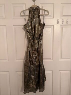 Monique Lhuillier Metallic Olive Halter-Neck Floral Maxi Dress